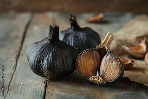 A pair of garlic bulbs neatly arranged and positioned on top of a sturdy wooden surface, Aromatic black garlic bulb on a rustic wooden table, AI Generated