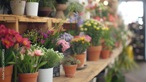  Photo of a flower shop display with various bouquets of flowers and potted plants on a wooden shelf