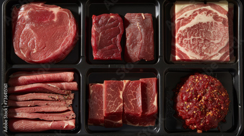 An arrangement of various types of raw meats including steaks, sliced beef, bacon, and sausages, artistically displayed in a compartmentalized tray on a black background.
