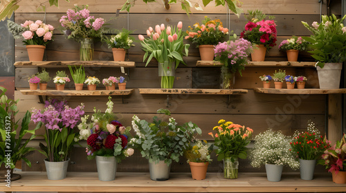  Photo of a flower shop display with various bouquets of flowers and potted plants on a wooden shelf