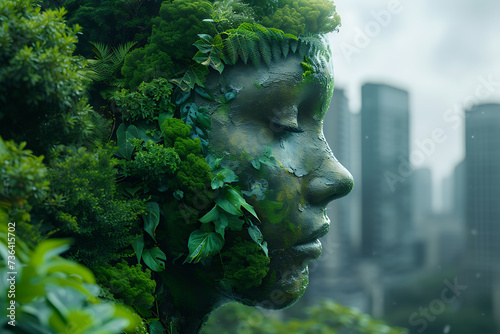 a girl made of stone is covered with greenery,eco  concepts © Helen