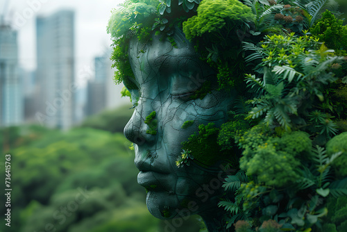 a girl made of stone is covered with greenery,eco  concepts © Helen