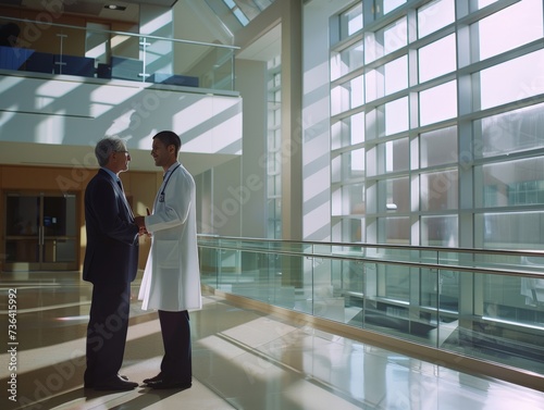 Pharmaceutical sales representative talking with male doctor in medical building, presenting new medication. Hospital director consulting with healthcare staff