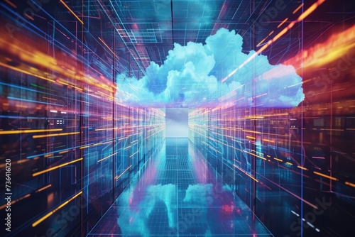 An abstract image capturing a cloud suspended in the middle of a room  creating a striking visual contrast  Artwork exhibiting file sharing through cloud storage  AI Generated