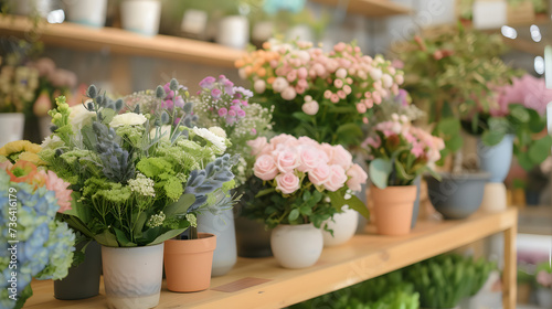  Photo of a flower shop display with various bouquets of flowers and potted plants on a wooden shelf © Dominik