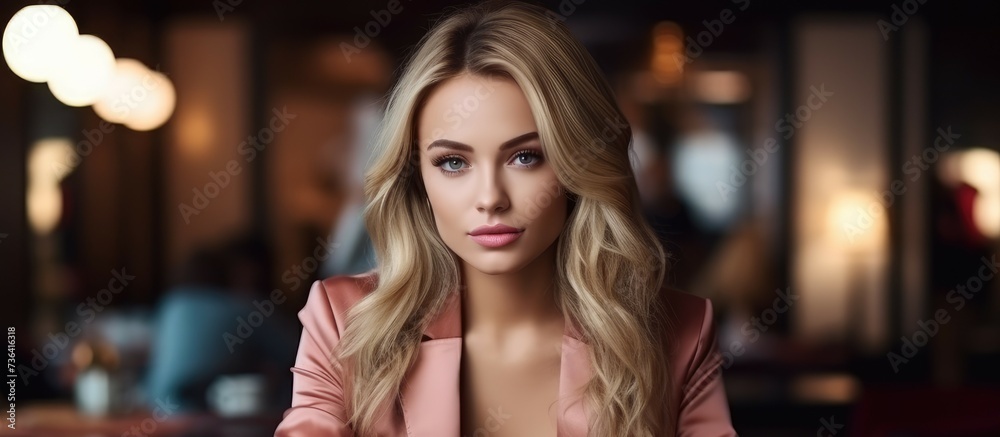 A woman wearing a pink jacket sits down in a composed manner against a backdrop of a busy city street.