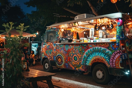 Vibrant Food Truck Parked on Side of Road, Arty, bohemian style food truck at a craft fair, AI Generated