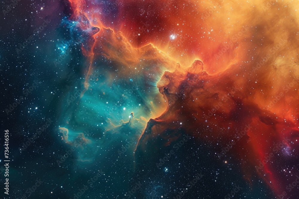 The photo showcases a vibrant and dynamic space adorned with countless stars scattered across the expanse, Astro-art depicting a nebula cloud in bold, exotic colors, AI Generated