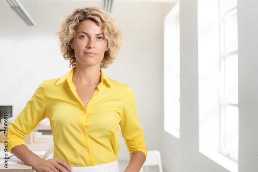 A woman wearing a yellow shirt and white skirt poses for a photograph. A woman wearing a yellow shirt and white skirt poses for a photograph.