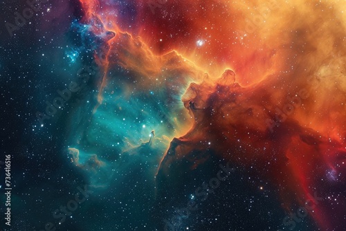 The photo showcases a vibrant and dynamic space adorned with countless stars scattered across the expanse, Astro-art depicting a nebula cloud in bold, exotic colors, AI Generated © Iftikhar alam
