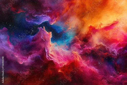 The image captures a vibrant space scene filled with swirling clouds and twinkling stars against a dark background, Astro-art depicting a nebula cloud in bold, exotic colors, AI Generated