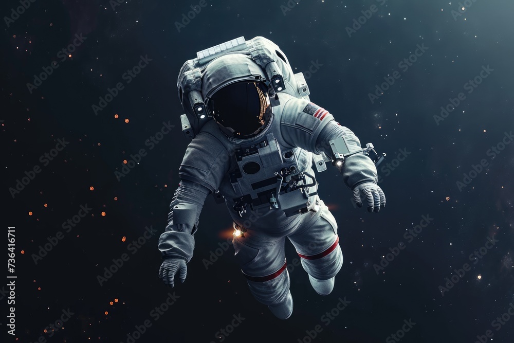 An astronaut floats weightlessly in the vast expanse of space, surrounded by twinkling stars, Astronaut in a glowing white spacesuit drifting in the black void of space, AI Generated