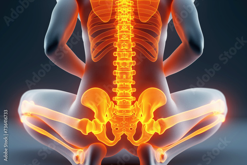 Hip joint pain, lumbar spine hernia, human body with osteoarthritis on a black background, health problems concept