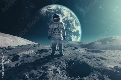 An astronaut, equipped with a space suit, stands on the barren surface of the moon, Astronaut in Earth-patterned spacesuit standing on the moon's surface, AI Generated