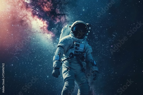 A man wearing an astronaut suit stands confidently in front of a stunning galaxy backdrop, Astronaut in space suit seemingly walking on the milky way, AI Generated