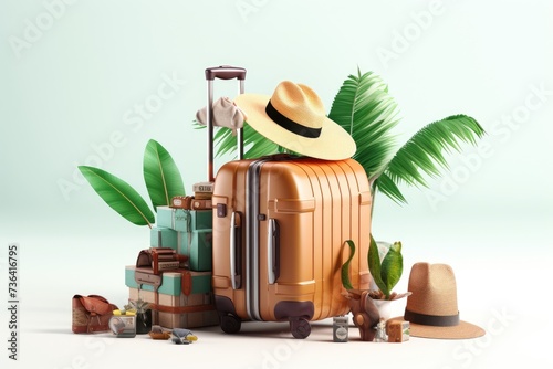 Suitcase with travel accessories on white background, Suitcases and travel accessories on background. 3d rendering, AI generated