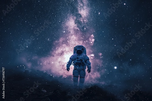 A man dressed in a space suit stands on the ground, facing towards the star-filled sky, Astronaut in space suit seemingly walking on the milky way, AI Generated