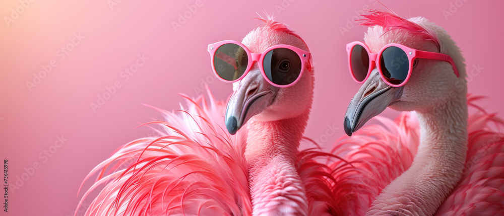 Two flamboyant flamingos flaunt their fashionable shades, adding a touch of sass to the serene aquatic landscape - obrazy, fototapety, plakaty 