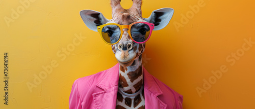 A stylish giraffe standing against a colorful wall, sporting a yellow jacket and sunglasses, with its long neck and majestic head held high © Daniel