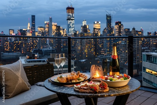 Table With Food and Drinks on Balcony Overlooking Cityscape, Atop a city rooftop with a multicourse meal and a bottle of champagne, AI Generated photo