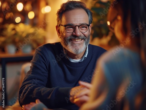 Smiling middle-aged businessman holding hands with a couple making a cooperation agreement in an office meeting