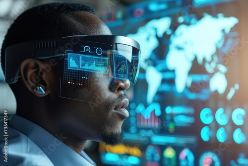 Man Wearing Futuristic Glasses With Augmented Reality Display, Augmented reality glasses being used to analyze data, AI Generated