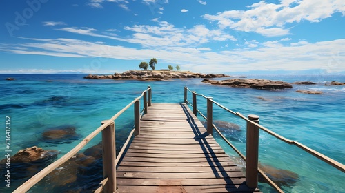 A tranquil cobalt blue ocean, with a wooden pier stretching out into the water, creating a picturesque scene