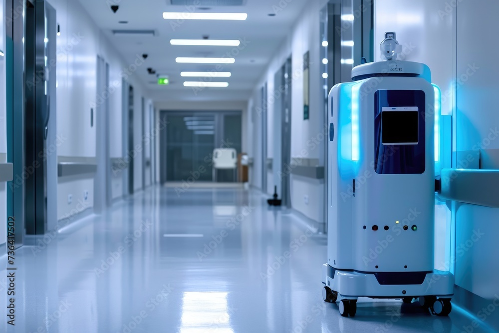 A hospital hallway with a white cleaning robot moving along the floor, Automatic sanitizer dispensing robot in a hospital, AI Generated A hospital hallway with a white cleaning robot moving along the floor, Automatic sanitizer dispensing robot in a hospital, AI Generated