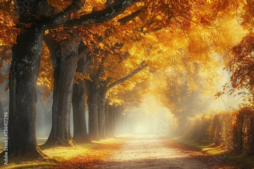 A dirt road winds through a forest of trees with vibrant yellow leaves during the autumn season  Autumn tree alley glowing in a soft pastel light  AI Generated