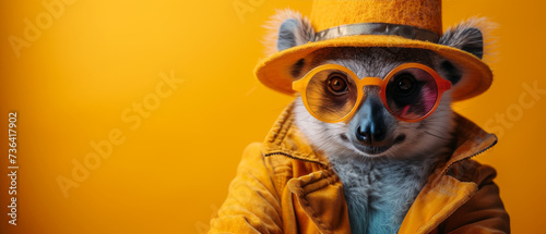 A vibrant lemur, sporting a trendy hat and sunglasses, adds a playful touch to an indoor setting with its soft fur in shades of yellow and orange