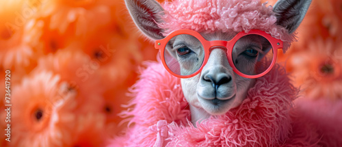 A fashionable llama with a bold sense of style, sporting a fuzzy pink coat and trendy glasses to make all the other animals envious photo