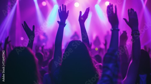 lively crowd at a concert, with hands raised in the air, silhouetted against a backdrop of vibrant stage lights, capturing the energy and excitement of a live music event. © MP Studio