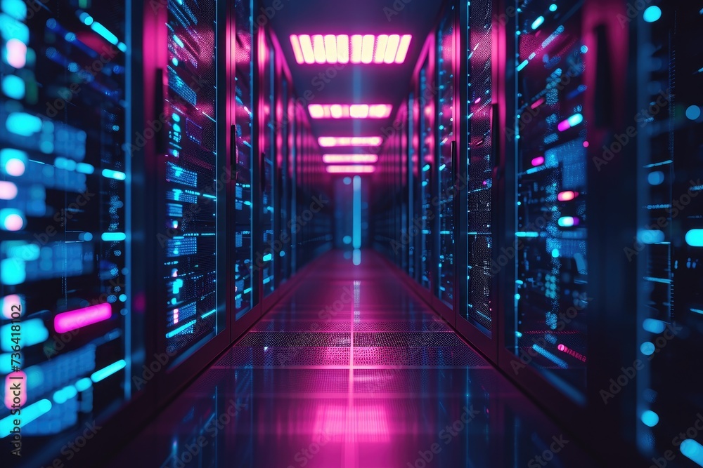 A long hallway filled with neatly arranged rows of servers in a high-tech data center, Background of a network server room with glowing lights, AI Generated