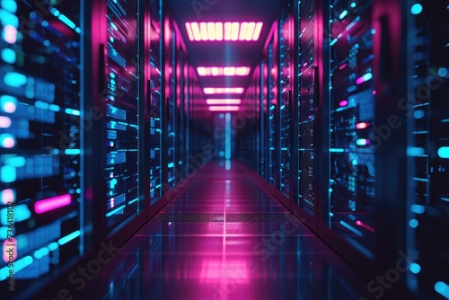 A long hallway filled with neatly arranged rows of servers in a high-tech data center, Background of a network server room with glowing lights, AI Generated