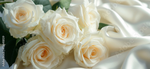 Cream white roses on luxury elegant white silk background with draperies
