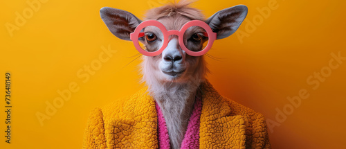 A stylish mammal stands tall, donning a vibrant yellow coat and accessorized with orange sunglasses, its head painted in shades of brown and red - the epitome of confidence and individuality