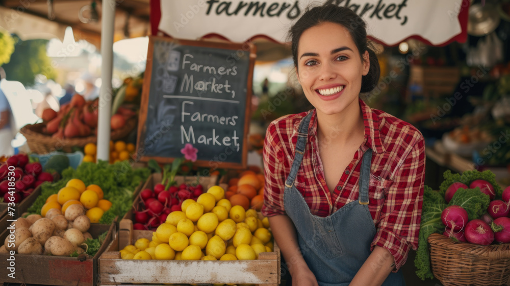 vibrant photo of a female vendor at a farmers market, standing behind a stall filled with fresh produce.