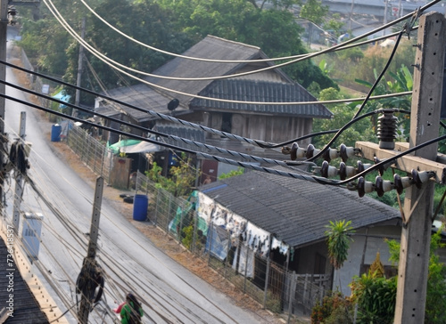 Dangerous electric poles for Asians Unsafe wiring structure system and is close to the community