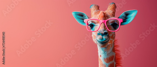 Fototapeta A fashionable giraffe stands tall, sporting pink glasses and showcasing the elegance of this majestic mammal in the wild
