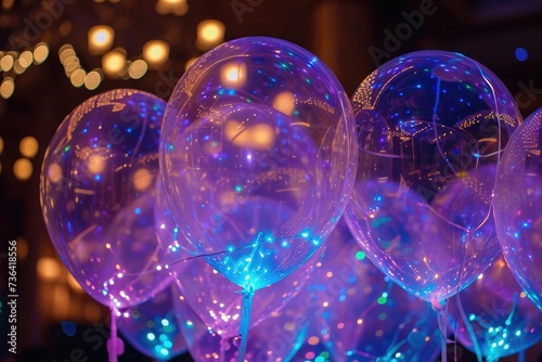A bunch of balloons illuminated by a soft glow in a dark setting, Balloons with LED lights inside for an evening birthday party, AI Generated