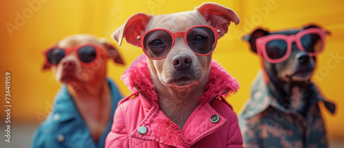 A fashionable dog of a specific breed, looking cool and confident with sunglasses on while its owner stands by holding onto its leash, enjoying a sunny day outdoors