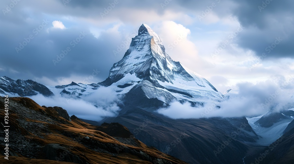Majestic mountain peak under a moody sky at dawn. nature's wonder captured in style. ideal for landscape and travel themes. AI
