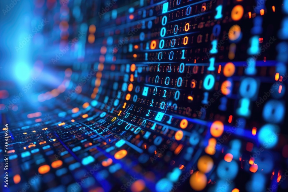 A detailed view of a computer screen showing a multitude of numbers and data, Binary code creating a barcode scan effect, AI Generated A detailed view of a computer screen showing a multitude of numbers and data, Binary code creating a barcode scan effect, AI Generated
