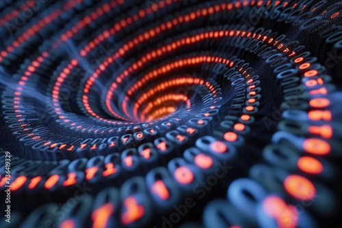 A mesmerizing close up of a spiral pattern formed by vibrant red and blue lights, Binary code arranged as hypnotic spiral pattern, AI Generated