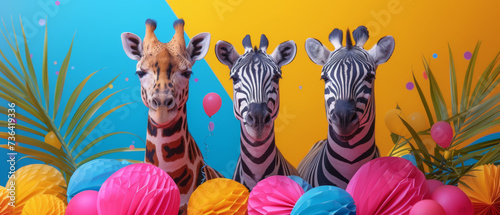 A lively gathering of zebras frolic among a sea of colorful balloons  surrounded by the tall  leafy trees of their natural habitat