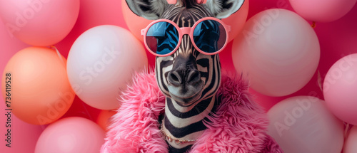A stylish zebra rocks pink sunglasses and a furry coat while holding a vibrant balloon, exuding confidence and playful charm photo