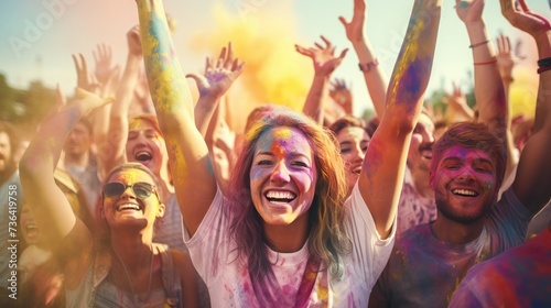  Holi festival. A big group of young people celebrating outside summer festival in the daytime laughing with joyful joy splashing colors