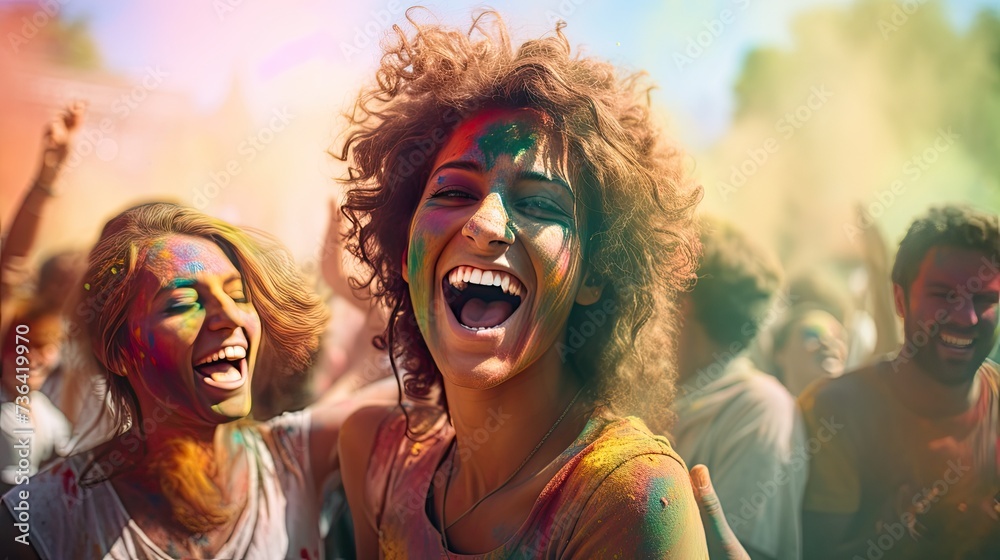  Holi festival. A big group of young people celebrating outside summer festival in the daytime laughing with joyful joy splashing colors - obrazy, fototapety, plakaty 