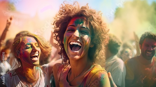  Holi festival. A big group of young people celebrating outside summer festival in the daytime laughing with joyful joy splashing colors photo