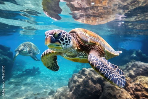 Turtles swimming in the ocean  Underwater wildlife panorama Coral reef with wild sea turtles and fish  tropical ocean underwater life  Ai generated